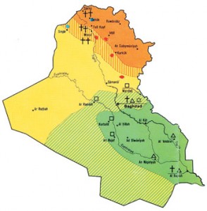 عراق شامل سه قسمت کردنشین (نارنجی)، عرب‌نشین شیعه (سبز) و عرب‌نشین سنی (زرد) است